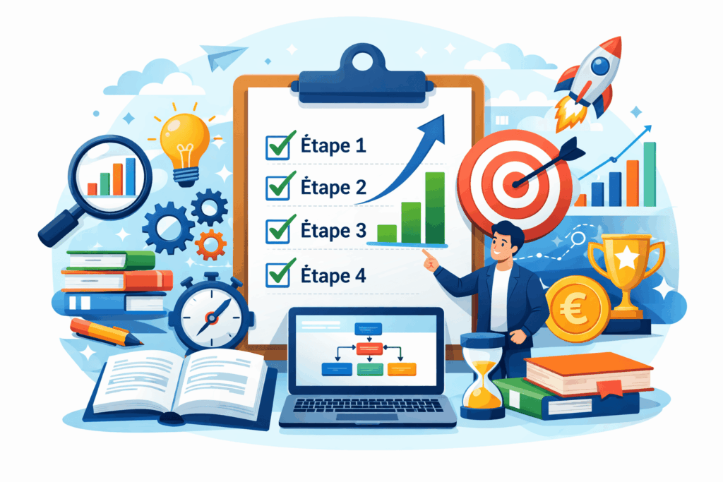Illustration pédagogique représentant un guide étape par étape avec checklist, graphiques de progression, ordinateur portable et icônes de réussite symbolisant les tutoriels pratiques et méthodes structurées de Tuto Expert.