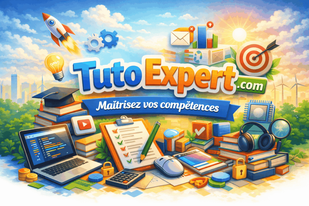Illustration colorée pour Tuto Expert montrant un univers d’apprentissage en ligne avec ordinateur portable, livres, checklist, icônes de marketing, fusée, cible et outils numériques symbolisant la formation, la productivité et la réussite.