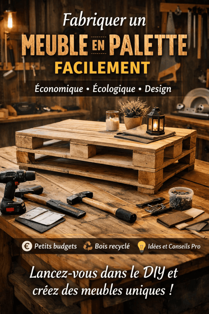 Meuble en palette en bois fait maison sur un établi avec outils de bricolage dans un atelier DIY chaleureux