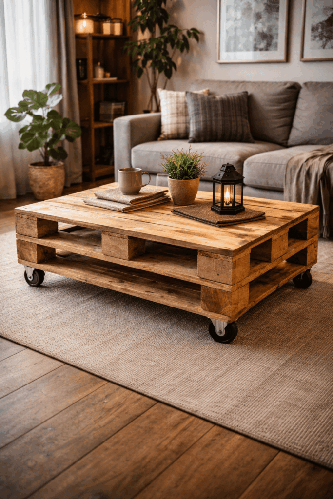 Comment fabriquer une table basse en palette moderne : le guide complet DIY design, économique et écologique 2 Table basse en palette moderne en bois recyclé avec roulettes dans un salon chaleureux