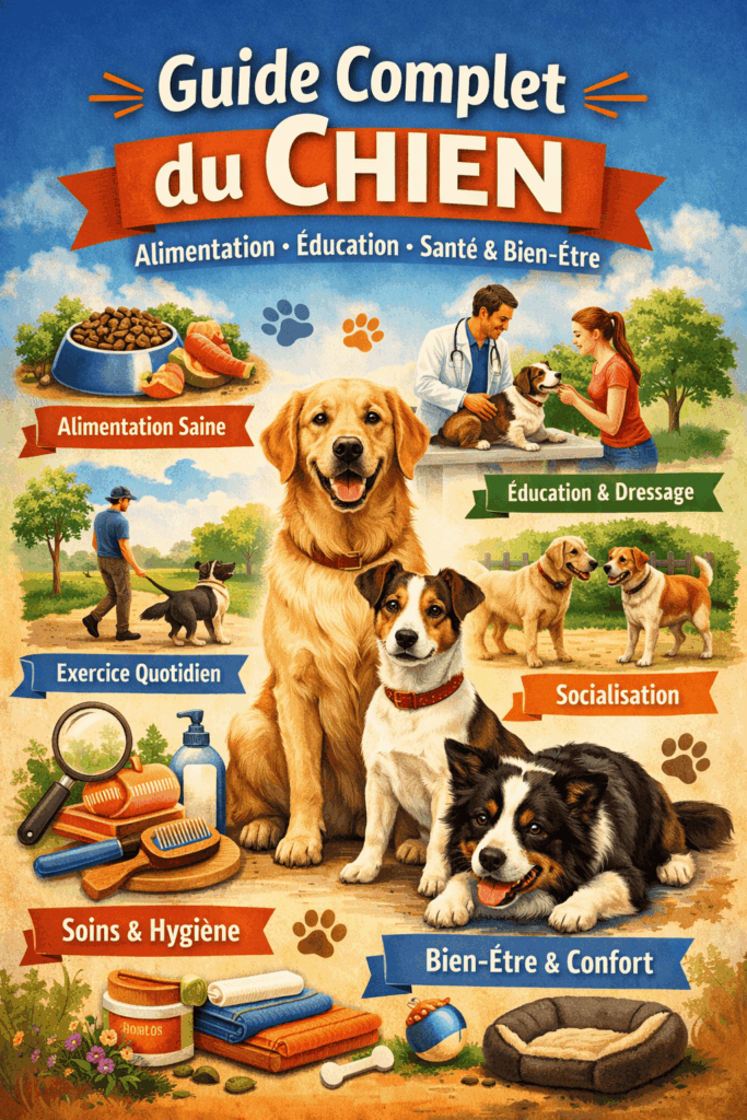 Illustration pédagogique colorée représentant un guide complet du chien avec alimentation saine, éducation, soins vétérinaires, socialisation et bien-être, mettant en scène plusieurs chiens entourés d’éléments liés à leur santé et à leur entretien.